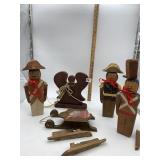 ASSORTED WOODEN FOLK ART DECORATIONS, DOLL