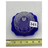 COBALT BLUE GLASS BUTTER DISH W/ CLEAR PRESSED