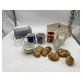 ASSORTED CERAMIC MUGS, CERAMIC BOWL, PLASTIC