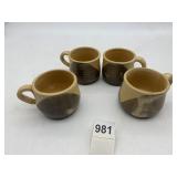 POTTERY MUGS, TWO-TONE DESIGN, SPECKLED GLAZE.