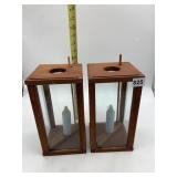WOODEN LANTERN CANDLE HOLDERS W/ GLASS PANELS,