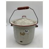 ENAMELWARE CHAMBER POT W/ LID, WOODEN HANDLE, RED
