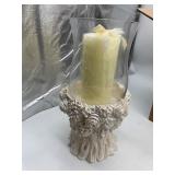 FLORAL RESIN HURRICANE LAMP, GLASS CYLINDER, WAX