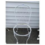 WHITE METAL GARDEN CHAIR W/ SCROLLWORK BACK.