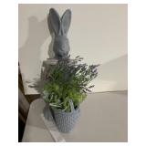 GREY RABBIT FIGURINE PLANTER W/ ARTIFICIAL