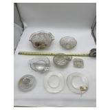 DUNCAN CLEAR GLASS VASE, ETCHED FLORAL PLATES,