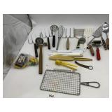 ASSORTED KITCHEN UTENSILS, GRILL BASKET, MEAT