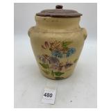 POTTERY STORAGE JAR, HAND-PAINTED FLORAL DESIGN,