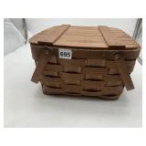 WOODEN WOVEN BASKET, SLATTED HINGED LID, SWING