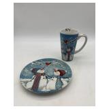 CERAMIC MUG AND PLATE, SNOWMAN WINTER MOTIF,