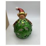 CHRISTMAS ELF FIGURINE, GREEN PIERCED SPHERE,