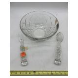 GLASS SERVING BOWL W/ MATCHING SERVING UTENSILS,