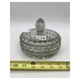 CLEAR PRESSED GLASS LIDDED DISH, FACETED DIAMOND