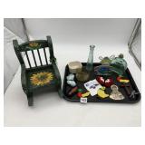MINIATURE PAINTED ROCKING CHAIR, GLASS BOTTLES,