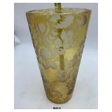 AMBER ETCHED GLASS VASE, FLORAL PATTERN.