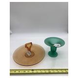 FROSTED GREEN PEDESTAL COMPOTE, AMBER GLASS SNACK