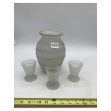 FROSTED GLASS VASE, RIBBED DESIGN, W/ MATCHING