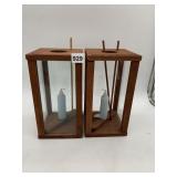 WOODEN & GLASS PANEL LANTERNS W/ CANDLES, DOWEL