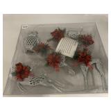 SILVER GLITTER CHRISTMAS DECORATIONS W/ RED