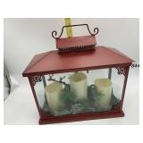 RED METAL LANTERN, GLASS PANELS, FAUX CANDLE