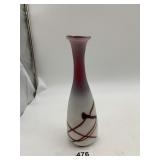 ART GLASS VASE, FROSTED WHITE TO RED, BROWN SWIRL