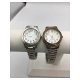 TWO SILVER TONE WRISTWATCHES STRETCH BANDS