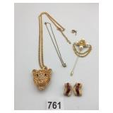 PENDANT NECKLACE LARGE BIG CAT HEAD RHINESTONES