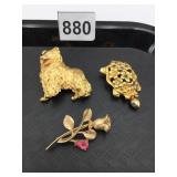 PINS GOLD TONE TRIFARI DOG TURTLE ROSE FLOWER