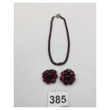 RED RHINESTONE BLACK METAL NECKLACE EARRINGS ONE
