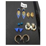 EARRINGS HOOPS BLUE ENAMEL DROP GOLD TONE CLIP ON