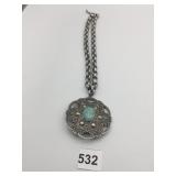 MEDALLION PENDANT NECKLACE SILVER TONE INTRICATE