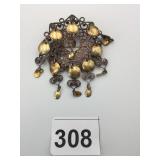 FILIGREE PIN WITH 3 PC DANGLE DROPS ROUND 2"