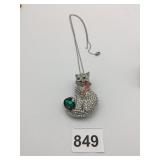 LARGE 2.5" RHINESTONE CAT PENDANT NECKLACE SILVER