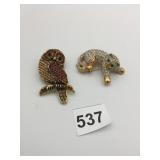 PINS RHINESTONE BROWN OWL CAT WITH GREEN EYES