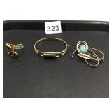 AVON GOLD TONE BRACELET GREEN BAR PIN BLUE STONE
