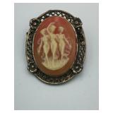 VINTAGE PIN WITH 3 LADY FIGURES FILIGREE SETTING