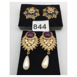 EARRINGS LARGE DRAMATIC DROP PURPLE STONE PEARL