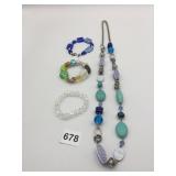 BEADED NECKLACE BRACELETS GLASS BLUE GREEN CLEAR
