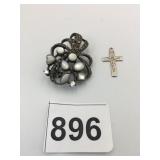 SILVER 925 MARCASITE PIN POSSIBLY MOONSTONES