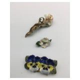 PORCELAIN FLOWER PINS LOT OF 3