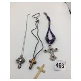 CROSS PENDANT NECKLACES PURPLE BEADS SILVER TONE