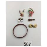 ENAMEL BRACELET RED EARRINGS PINS GUITAR BIRD
