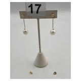 BEAUTIFUL PEARL DROP EARRINGS 14K GOLD POST &