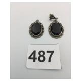 PENDANT SINGLE EARRING SILVER 925 BLACK STONE