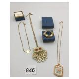 OWL PENDANT NECKLACE RED EYES GOLD TONE MOVEABLE