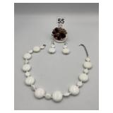 WHITE FLAT BEAD NECKLACE AND EARRINGS, COSTUME