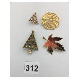 PIN GROUP CHRISTMAS REES COLORED STONES GOLD TONE
