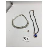 HEMATITE NECKLACE WITH BLUE PENDANT RHINESTONE