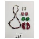EARRINGS RHINESTONES PIERCED CLIP-ON PINK GREEN