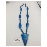 BLUE STONE CARVED NECKLACE 30" TRIANGLE PENDANT